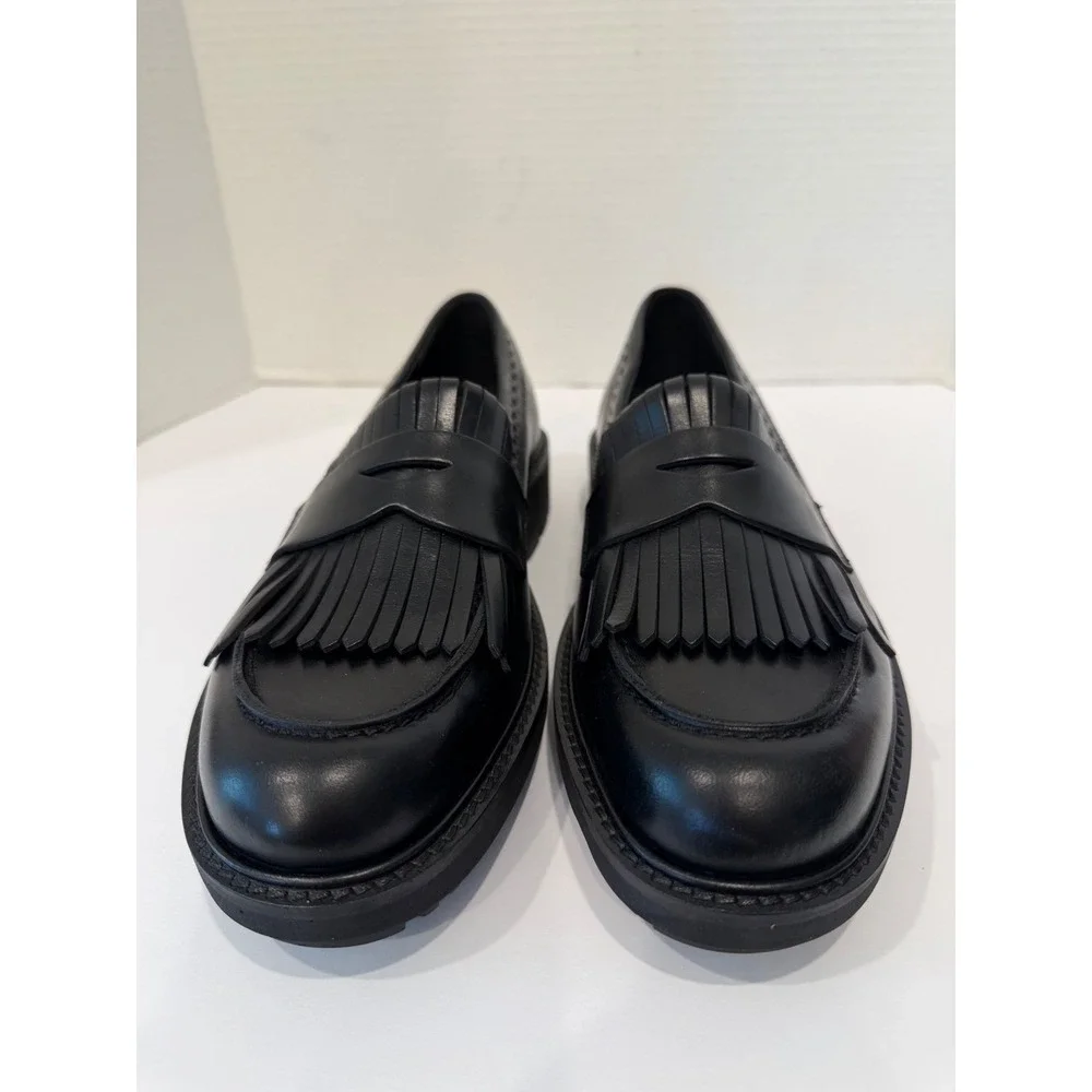 ECCO New Preppy Black Leather Lug Sole Kiltie Penny Loafer Slip On Shoes 10